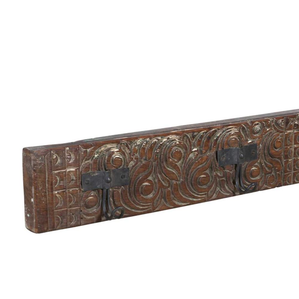 Antique Golden Walnut Teak Carved Coat Hook Panel with Black Iron Hooks – Indian Vintage Scrollwork (127cm) - Image 2