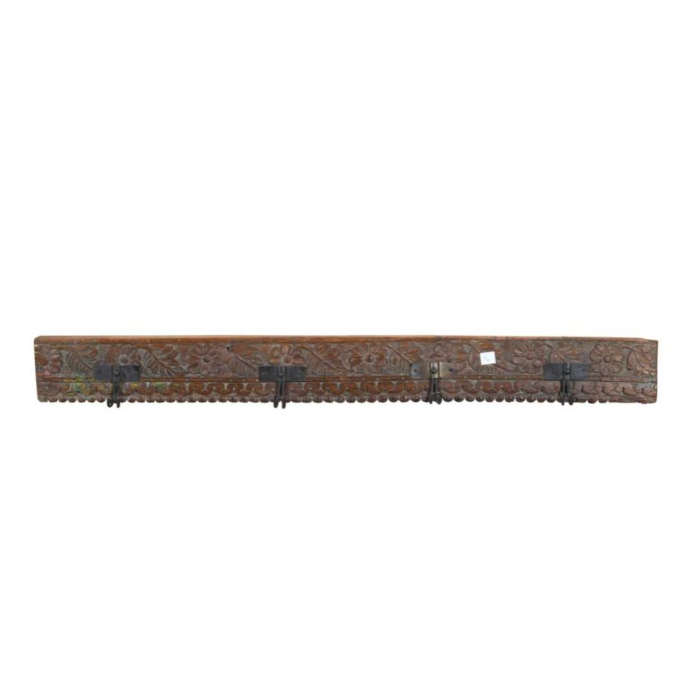 Antique Rustic Rosewood Teak Carved Coat Hook Panel with Black Iron Hooks – Indian Vintage Floral (118cm) - Image 3