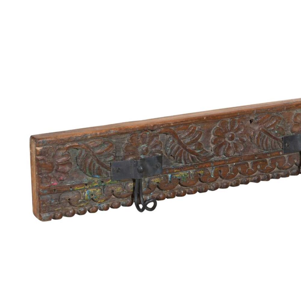 Antique Rustic Rosewood Teak Carved Coat Hook Panel with Black Iron Hooks – Indian Vintage Floral (118cm) - Image 2