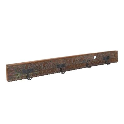 Antique Rustic Rosewood Teak Carved Coat Hook Panel with Black Iron Hooks – Indian Vintage Floral (118cm)
