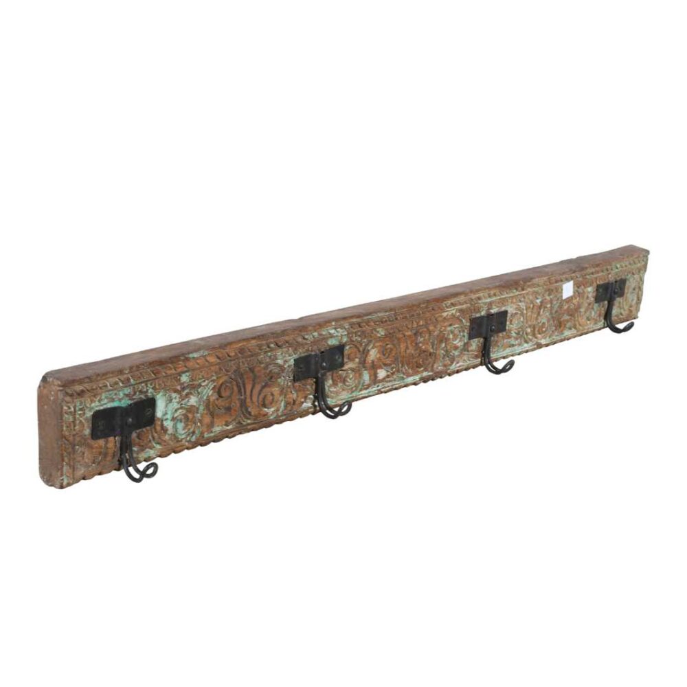 Antique Verdigris Teak Carved Coat Hook Panel with Black Iron Hooks – Indian Vintage Scrollwork (115cm)