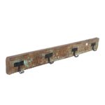 Antique Verdigris Teak Carved Coat Hook Panel with Black Iron Hooks – Indian Vintage Scrollwork (115cm)