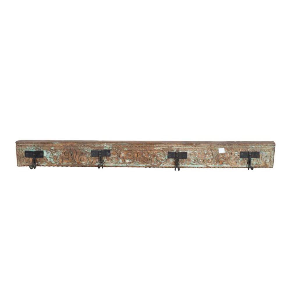 Antique Verdigris Teak Carved Coat Hook Panel with Black Iron Hooks – Indian Vintage Scrollwork (115cm) - Image 3