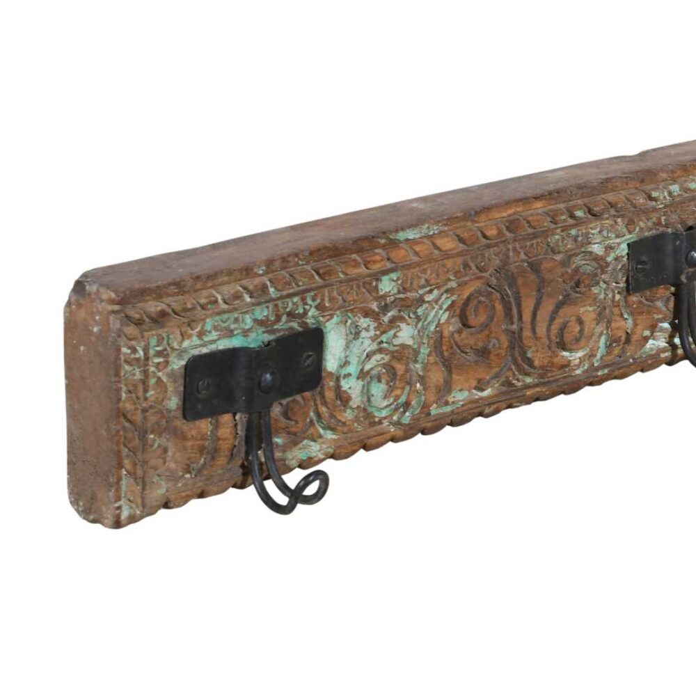 Antique Verdigris Teak Carved Coat Hook Panel with Black Iron Hooks – Indian Vintage Scrollwork (115cm) - Image 2
