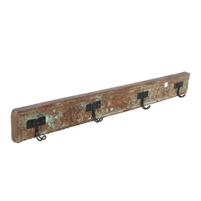 Antique Verdigris Teak Carved Coat Hook Panel with Black Iron Hooks – Indian Vintage Scrollwork (115cm)