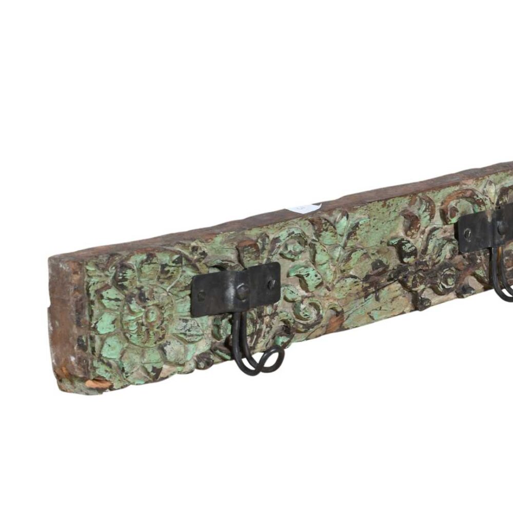 Antique Verdigris Teak Carved Coat Hook Panel with Black Iron Hooks – Indian Vintage Scrollwork (115cm) (Copy) - Image 2