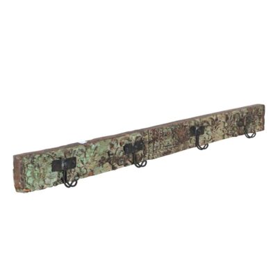Antique Verdigris Teak Carved Coat Hook Panel with Black Iron Hooks – Indian Vintage Scrollwork (115cm) (Copy)