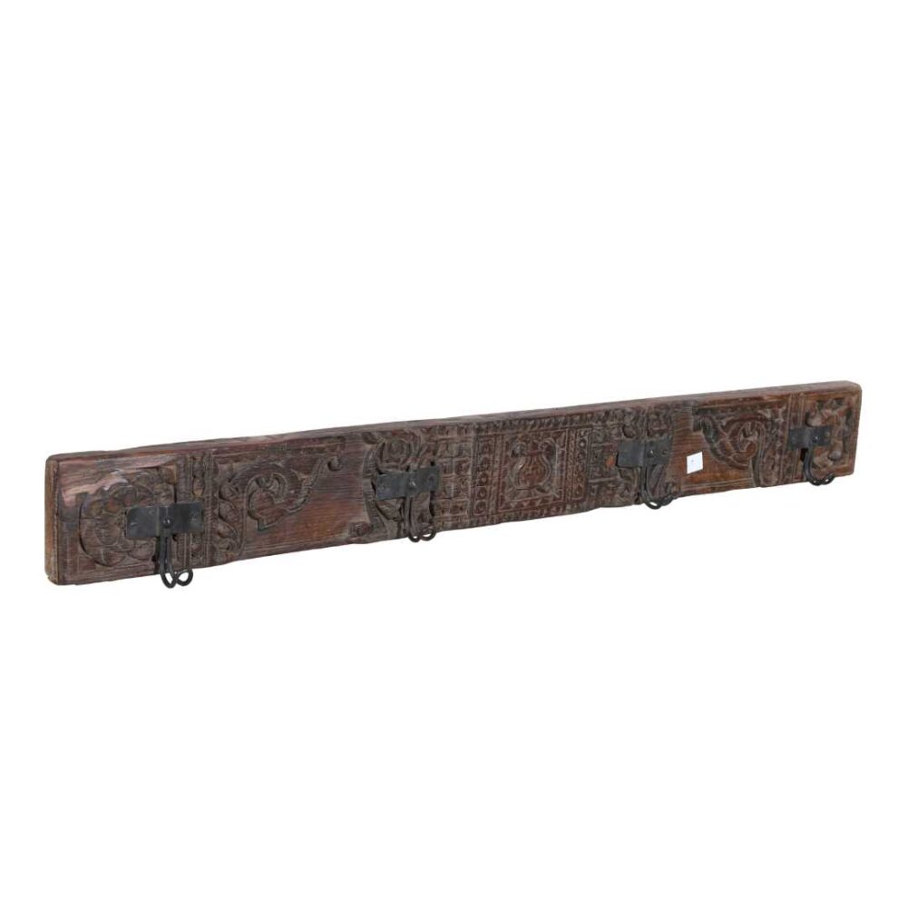 Antique Deep Cocoa Teak Carved Coat Hook Panel with Black Iron Hooks – Indian Vintage Scrollwork (116cm)