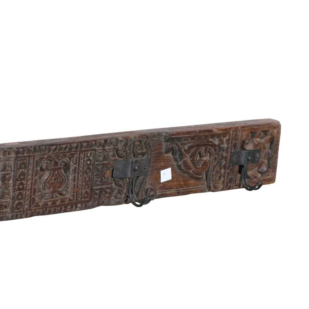 Antique Deep Cocoa Teak Carved Coat Hook Panel with Black Iron Hooks – Indian Vintage Scrollwork (116cm) - Image 2