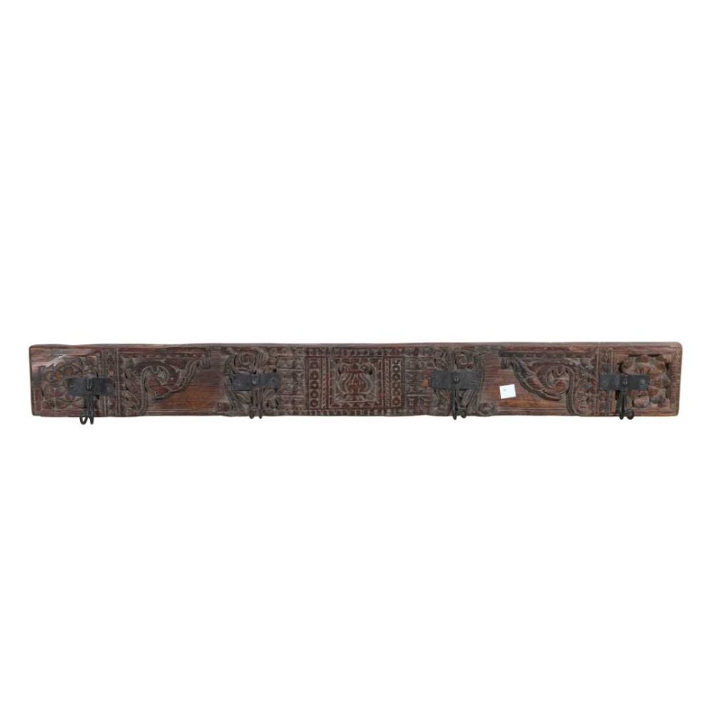 Antique Deep Cocoa Teak Carved Coat Hook Panel with Black Iron Hooks – Indian Vintage Scrollwork (116cm) - Image 3