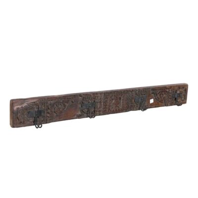 Antique Deep Cocoa Teak Carved Coat Hook Panel with Black Iron Hooks – Indian Vintage Scrollwork (116cm)