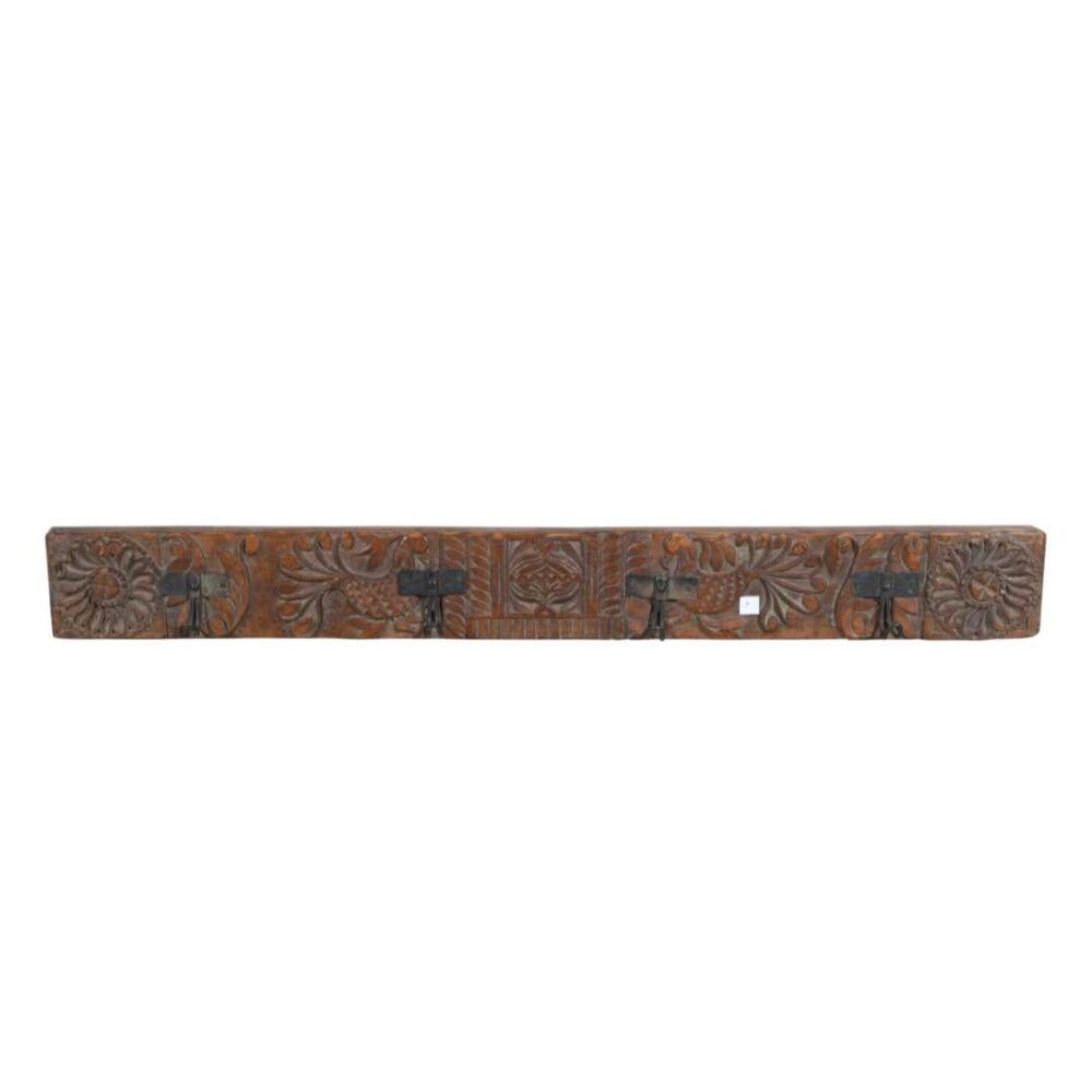 Antique Rustic Coffee Teak Carved Coat Hook Panel with Black Iron Hooks – Indian Vintage Motif (122cm) - Image 3