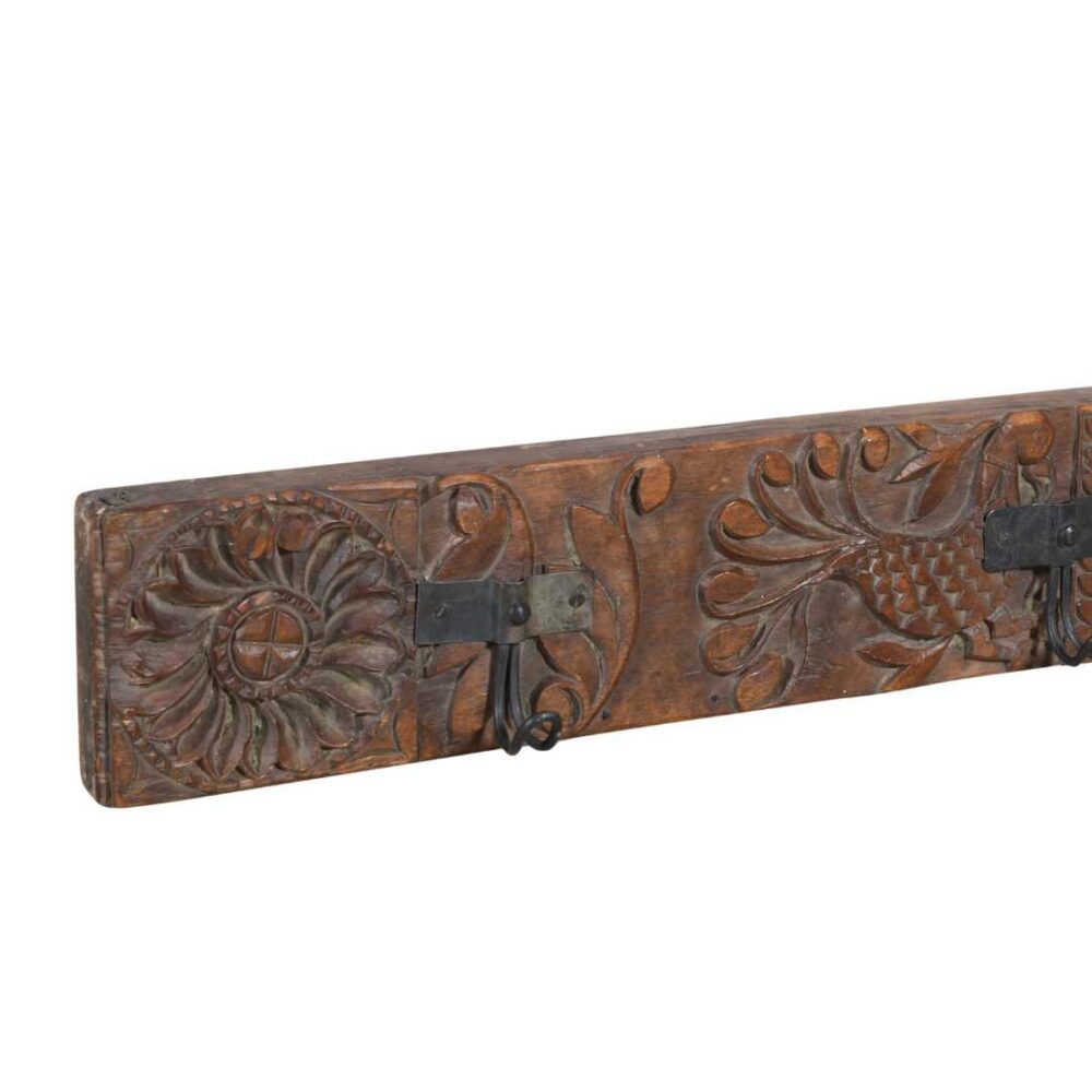 Antique Rustic Coffee Teak Carved Coat Hook Panel with Black Iron Hooks – Indian Vintage Motif (122cm) - Image 2