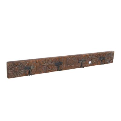 Antique Rustic Coffee Teak Carved Coat Hook Panel with Black Iron Hooks – Indian Vintage Motif (122cm)