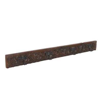 Antique Rich Mahogany Teak Carved Coat Hook Panel with Black Iron Hooks – Indian Vintage Scrollwork (123cm)