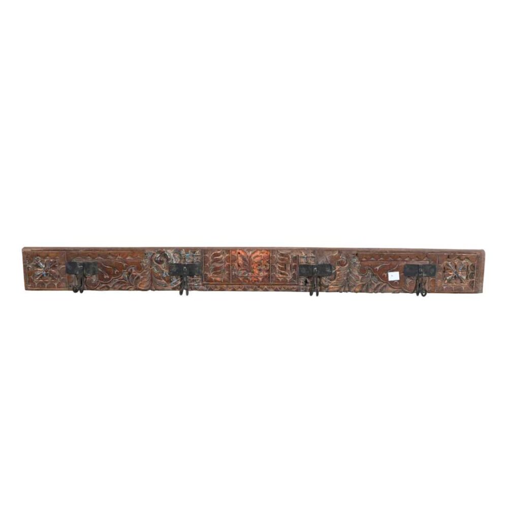Antique Chestnut Brown Teak Carved Coat Hook Panel with Black Iron Hooks – Indian Vintage Floral (119cm) - Image 3