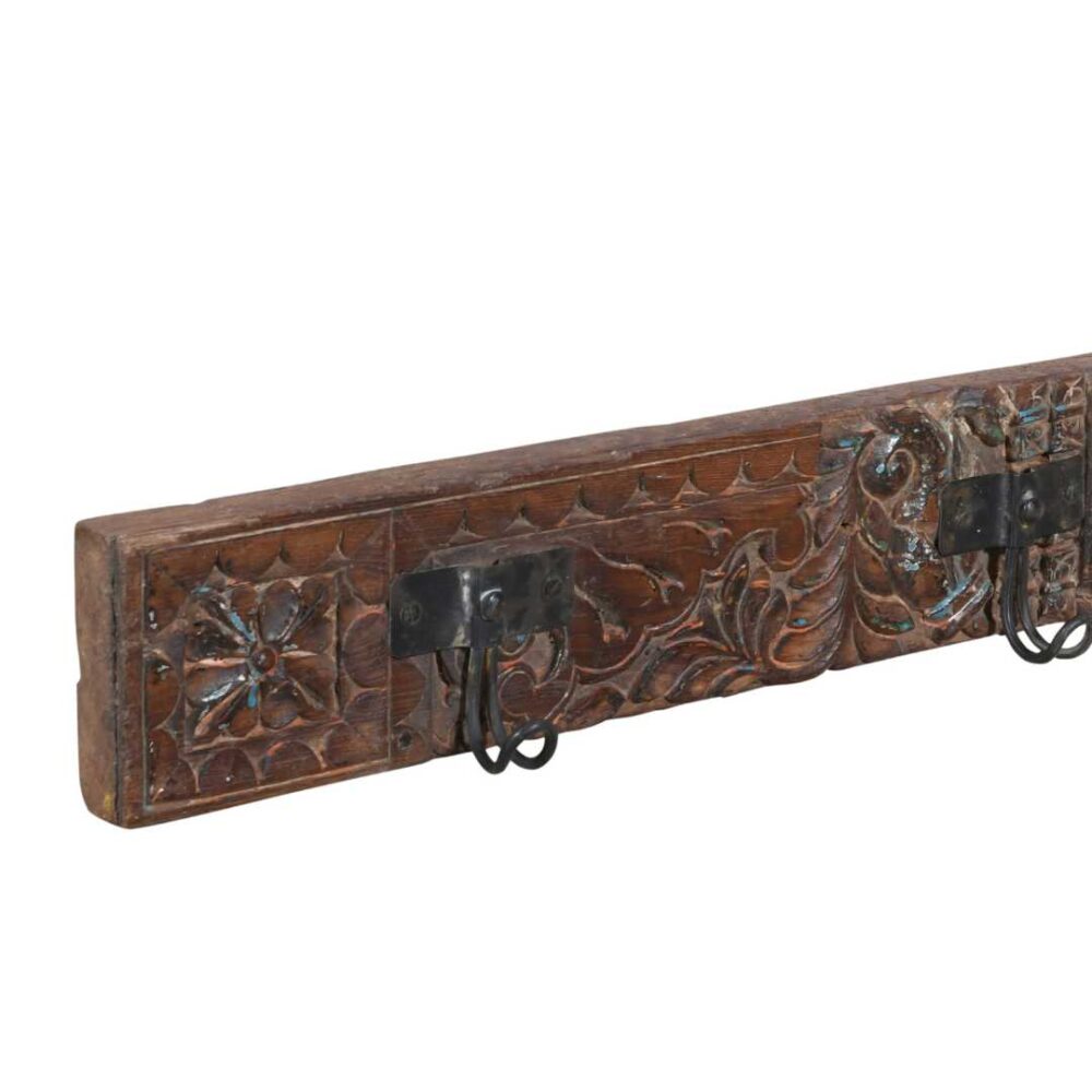 Antique Chestnut Brown Teak Carved Coat Hook Panel with Black Iron Hooks – Indian Vintage Floral (119cm) - Image 2