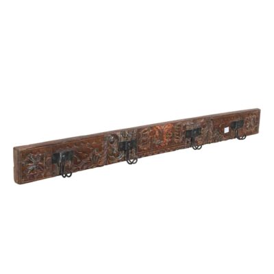 Antique Chestnut Brown Teak Carved Coat Hook Panel with Black Iron Hooks – Indian Vintage Floral (119cm)