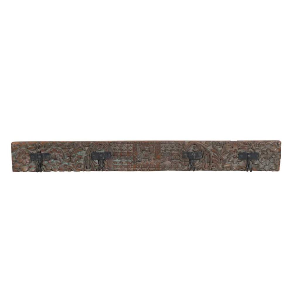 Antique Verdigris & Chestnut Teak Carved Coat Hook Panel with Black Iron Hooks – Indian Vintage Floral (115cm) - Image 3