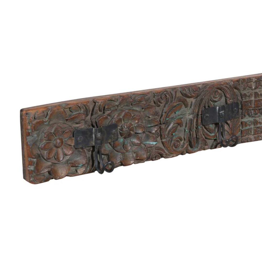 Antique Verdigris & Chestnut Teak Carved Coat Hook Panel with Black Iron Hooks – Indian Vintage Floral (115cm) - Image 2