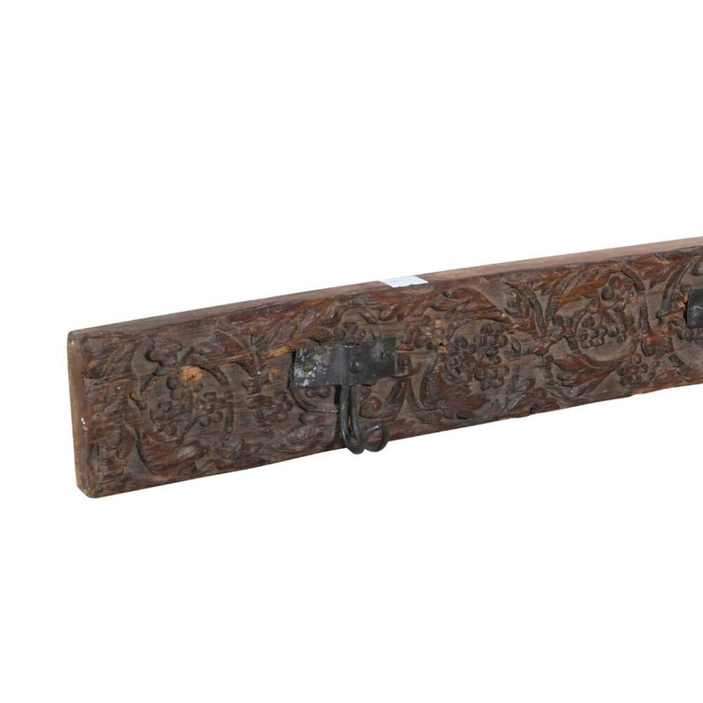 Antique Weathered Walnut Teak Carved Coat Hook Panel with Black Iron Hooks – Indian Vintage Floral (144cm) - Image 3