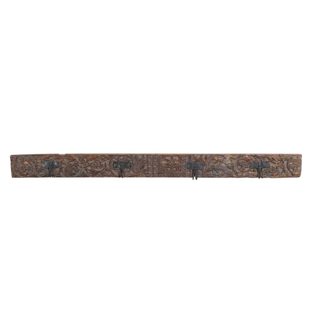 Antique Weathered Walnut Teak Carved Coat Hook Panel with Black Iron Hooks – Indian Vintage Floral (144cm) - Image 2