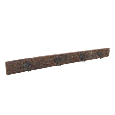 Antique Weathered Walnut Teak Carved Coat Hook Panel with Black Iron Hooks – Indian Vintage Floral (144cm)