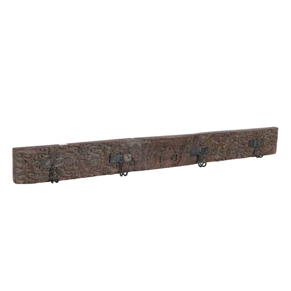 Antique Rosewood & Charcoal Teak Carved Coat Hook Panel with Black Iron Hooks – Indian Vintage Scrollwork (120cm)