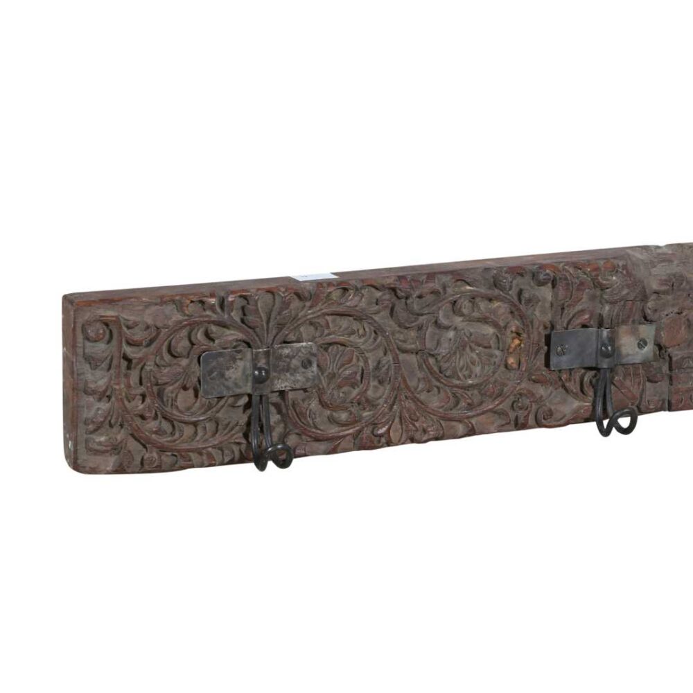 Antique Rosewood & Charcoal Teak Carved Coat Hook Panel with Black Iron Hooks – Indian Vintage Scrollwork (120cm) - Image 2