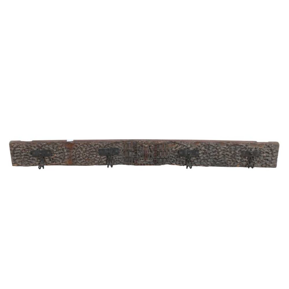 Antique Ebony Brown Teak Carved Coat Hook Panel with Black Iron Hooks – Indian Vintage Scrollwork (116cm) - Image 2