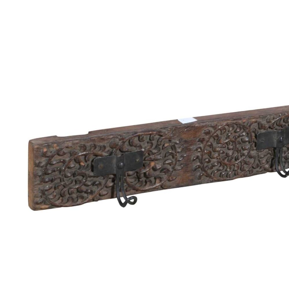 Antique Ebony Brown Teak Carved Coat Hook Panel with Black Iron Hooks – Indian Vintage Scrollwork (116cm) - Image 3