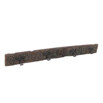 Antique Ebony Brown Teak Carved Coat Hook Panel with Black Iron Hooks – Indian Vintage Scrollwork (116cm)