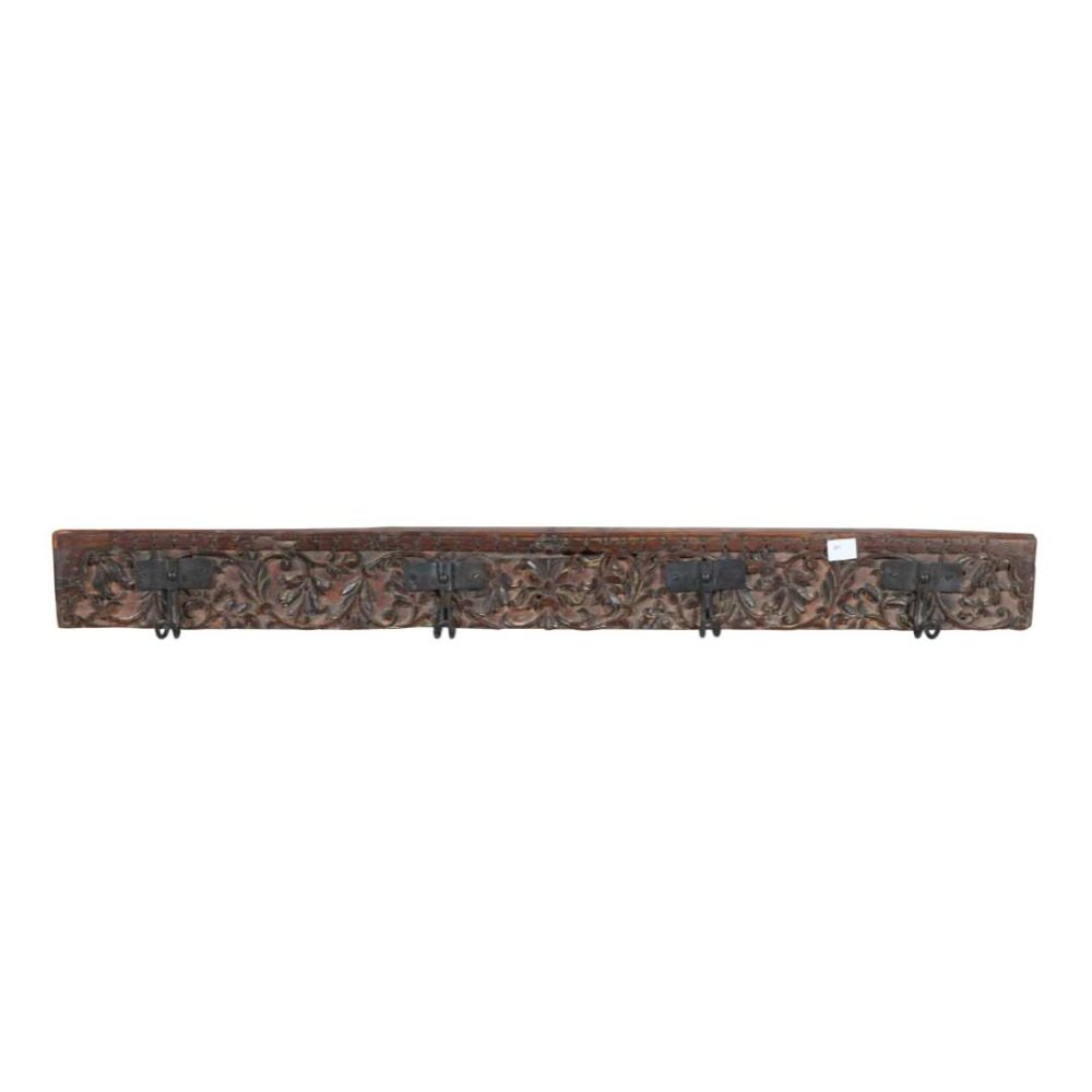 Antique Mahogany & Olive Teak Carved Coat Hook Panel with Black Iron Hooks – Indian Vintage Scrollwork (117cm) - Image 3