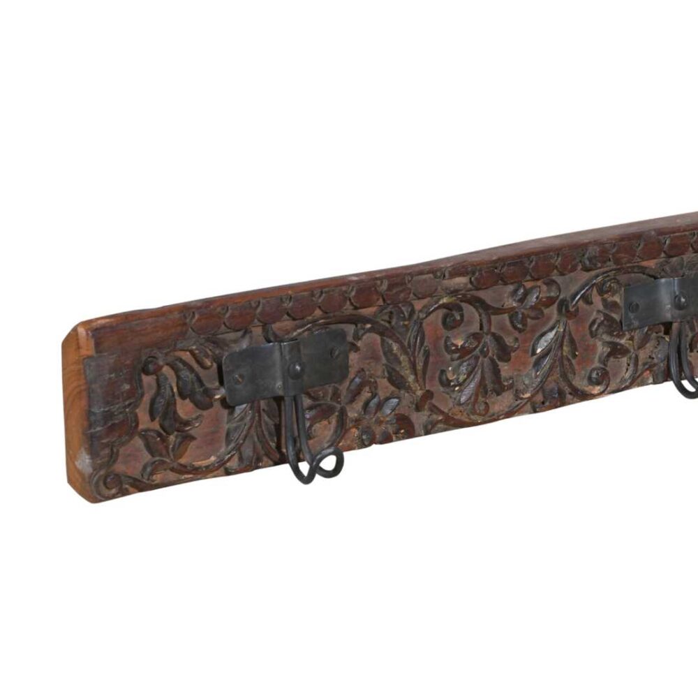 Antique Mahogany & Olive Teak Carved Coat Hook Panel with Black Iron Hooks – Indian Vintage Scrollwork (117cm) - Image 2