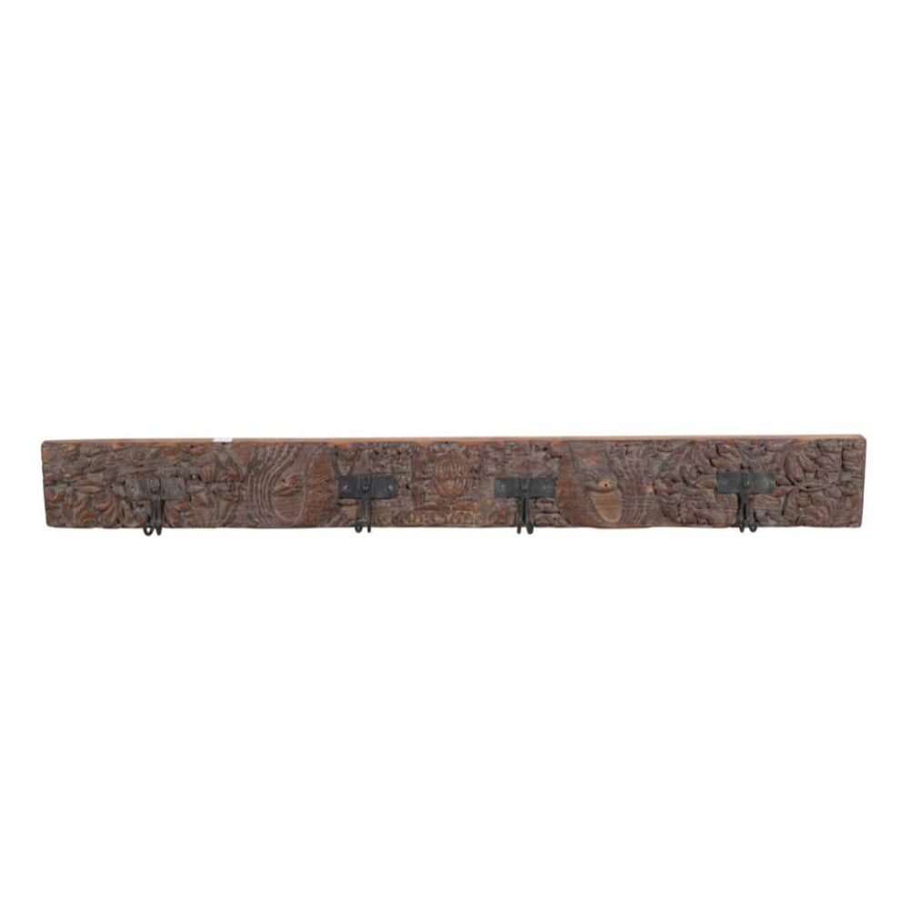 Antique Rustic Walnut Teak Carved Coat Hook Panel with Black Iron Hooks – Indian Vintage (118cm) - Image 3