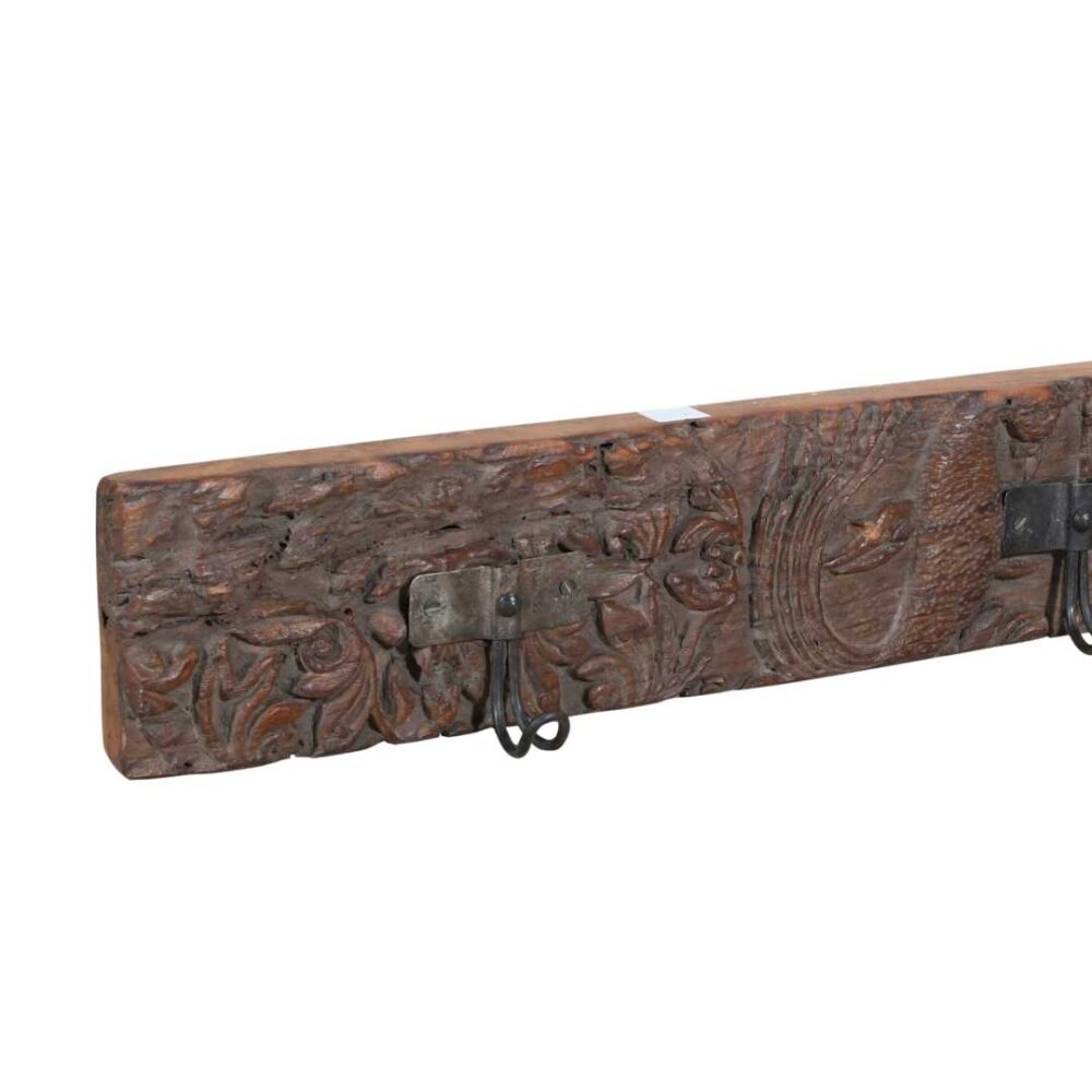 Antique Rustic Walnut Teak Carved Coat Hook Panel with Black Iron Hooks – Indian Vintage (118cm) - Image 2