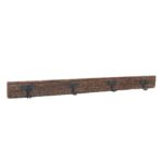 Antique Earth Brown Teak Carved Coat Hook Panel with Black Iron Hooks – Indian Vintage Scrollwork (117cm)