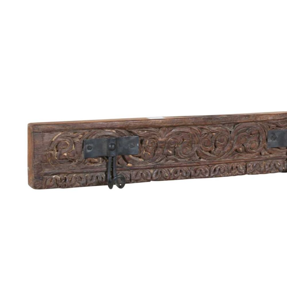 Antique Earth Brown Teak Carved Coat Hook Panel with Black Iron Hooks – Indian Vintage Scrollwork (117cm) - Image 3
