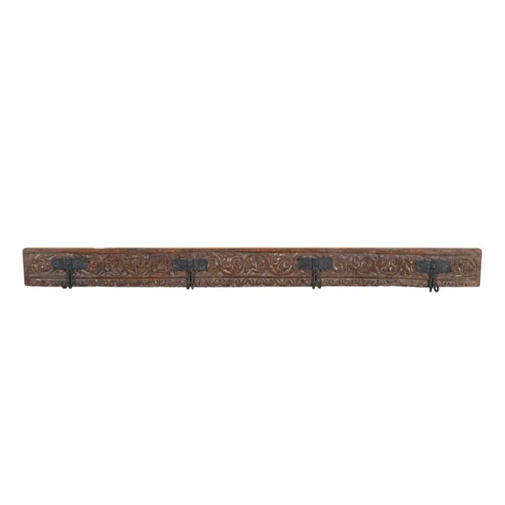 Antique Earth Brown Teak Carved Coat Hook Panel with Black Iron Hooks – Indian Vintage Scrollwork (117cm) - Image 2