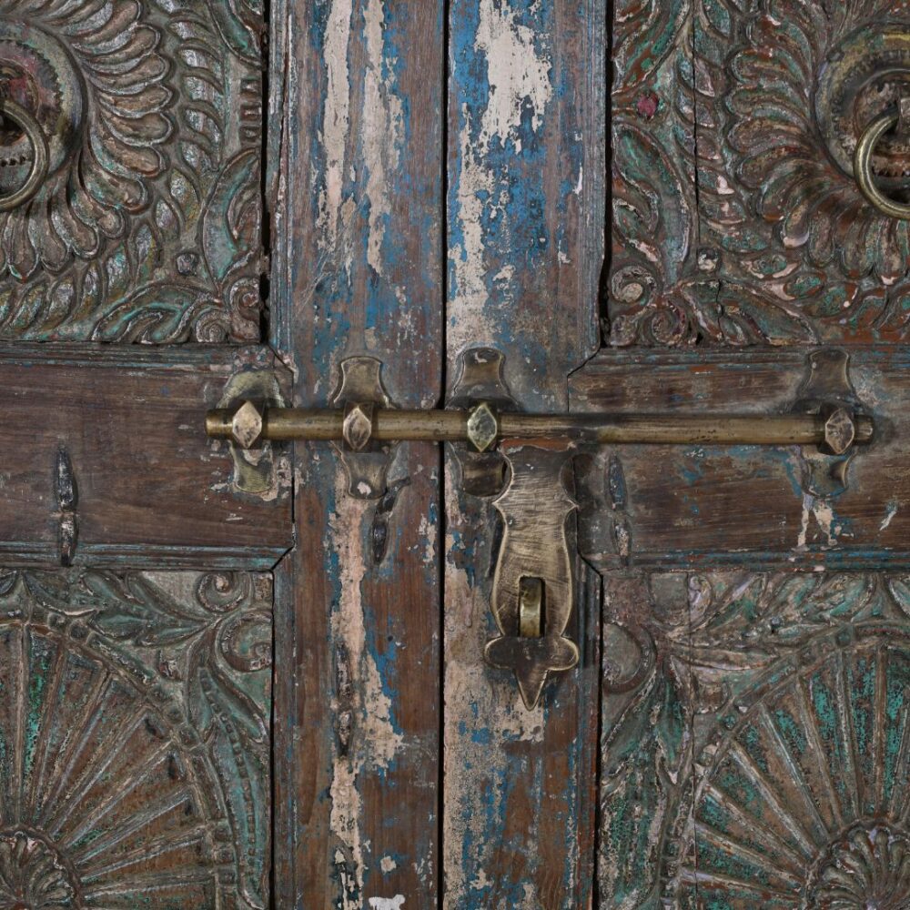 Antique Distressed Teal & Brown Teak Wood Indian Doors – 1880s, Gujarat - Image 2