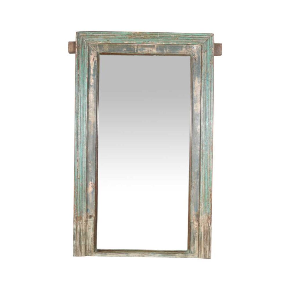 Large Antique Verdigris Teak Indian Window Mirror – 19th Century Rajasthan - Image 4