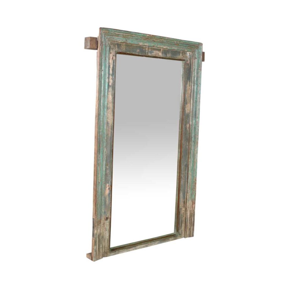 Large Antique Verdigris Teak Indian Window Mirror – 19th Century Rajasthan