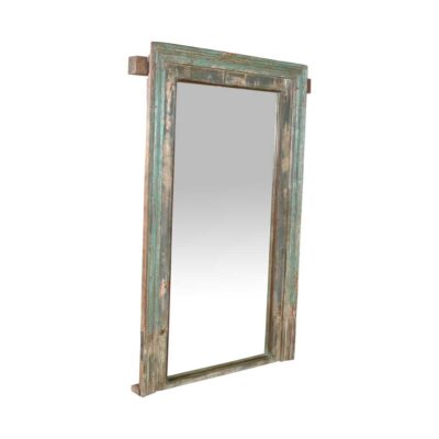 Large Antique Verdigris Teak Indian Window Mirror – 19th Century Rajasthan