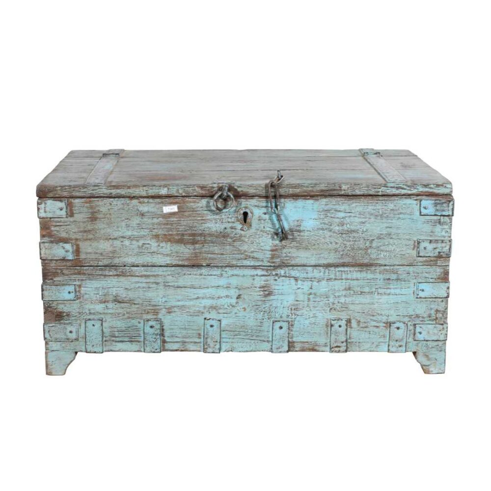 Antique Aqua Patina Indian Teak Dowry Treasure Chest Coffee Table - Image 5
