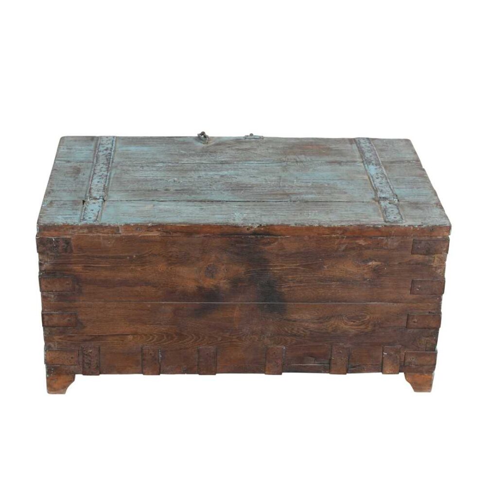 Antique Aqua Patina Indian Teak Dowry Treasure Chest Coffee Table - Image 3