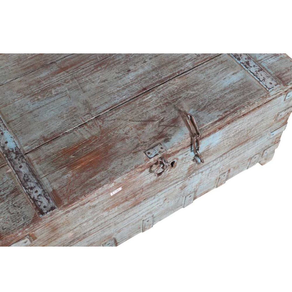Antique Aqua Patina Indian Teak Dowry Treasure Chest Coffee Table - Image 2