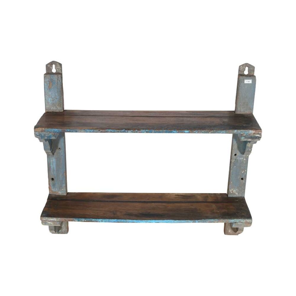 Antique Blue & Rustic Brown Indian Teak Wall Shelf Unit – Handcrafted c1900 - Image 3