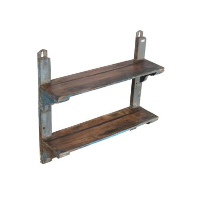 Antique Blue & Rustic Brown Indian Teak Wall Shelf Unit – Handcrafted c1900