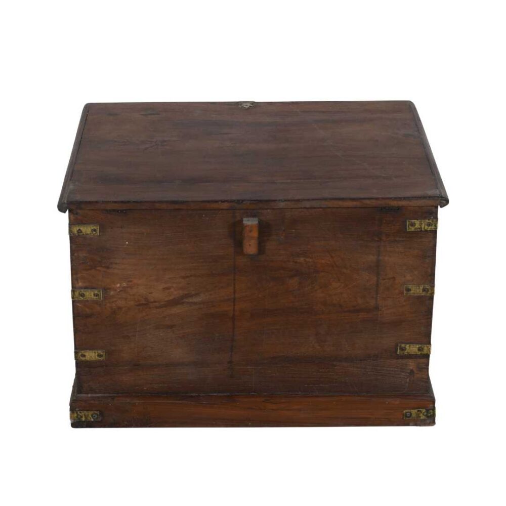 Antique Deep Mahogany Teak Indian Dowry Treasure Chest – Brass Detail Coffee Side Table - Image 5