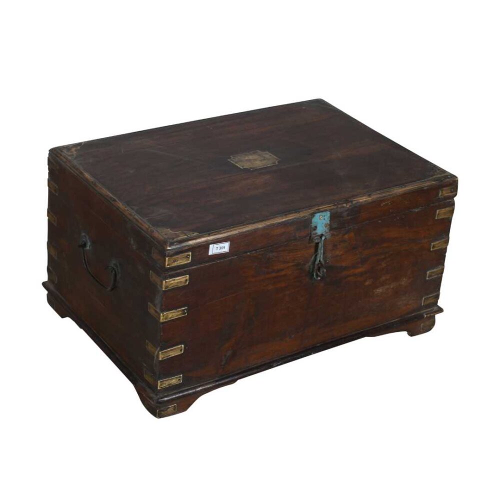 Antique Rich Walnut Teak Indian Dowry Treasure Chest – Brass & Blue Accent Coffee Side Table - Image 5